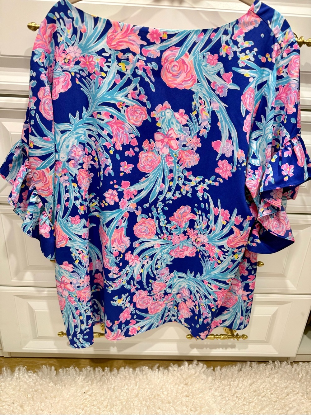 Lilly Pulitzer Royal Blue Pink Aqua Floral Ruffle-Sleeve Top